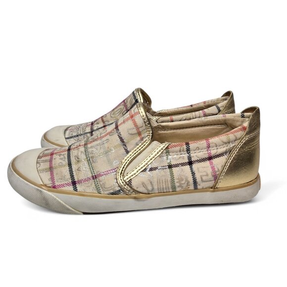 Coach Beale Poppy Plaid Slip On Sneakers Women's Metallic Gold Cap Toe 5.5 - Picture 3 of 11